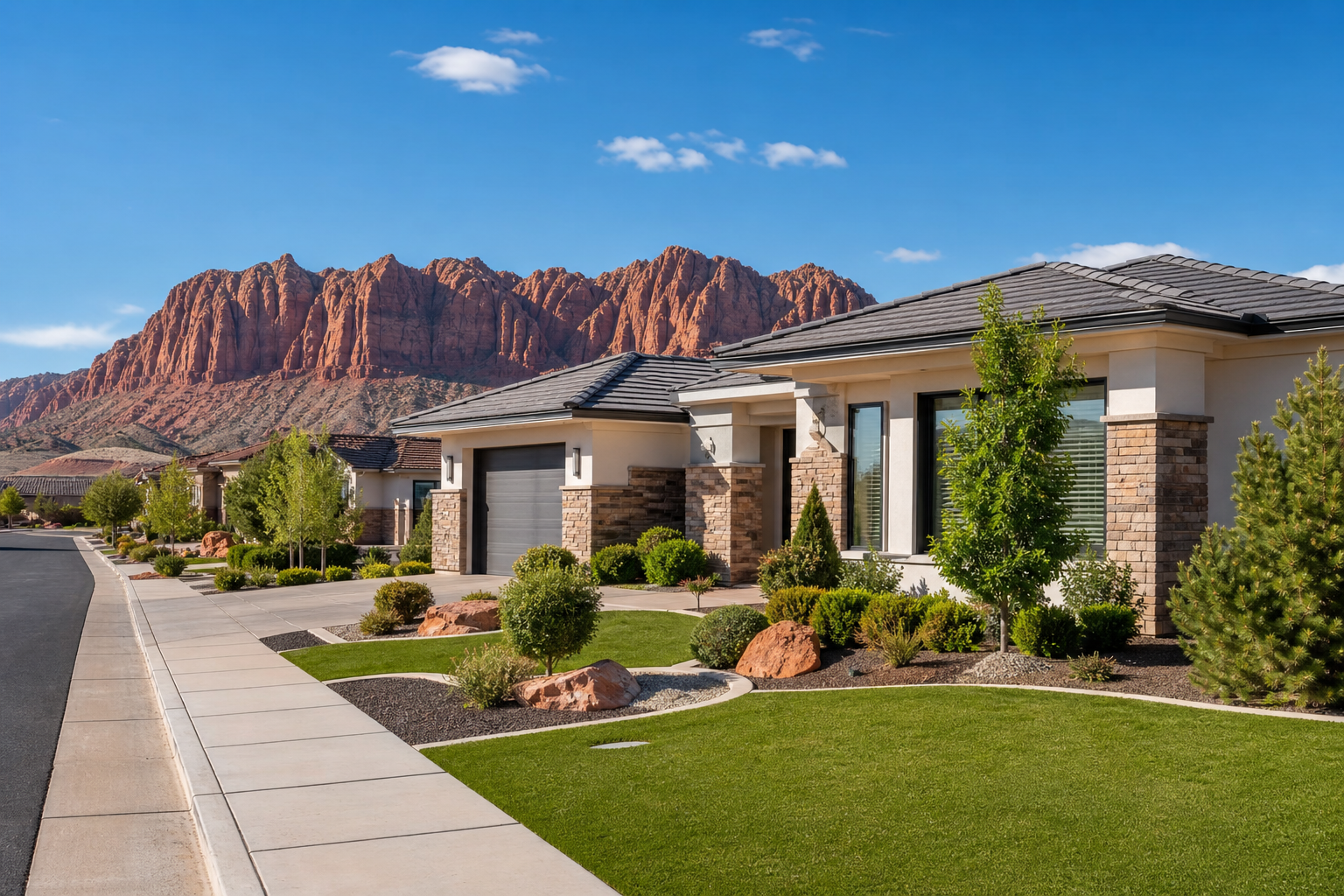 Modern family home in St. George Utah with a red rock mountain backdrop and green lawn.