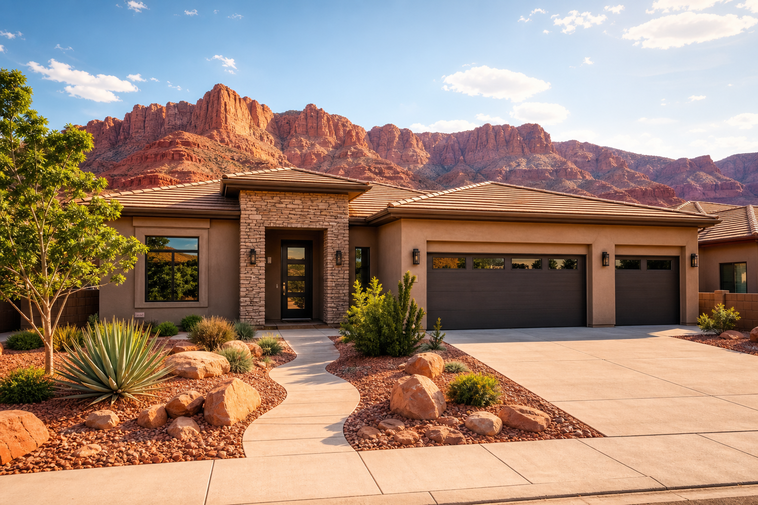 A warm, inviting modern home exterior with red rock mountains in the background under a bright Southern Utah sky