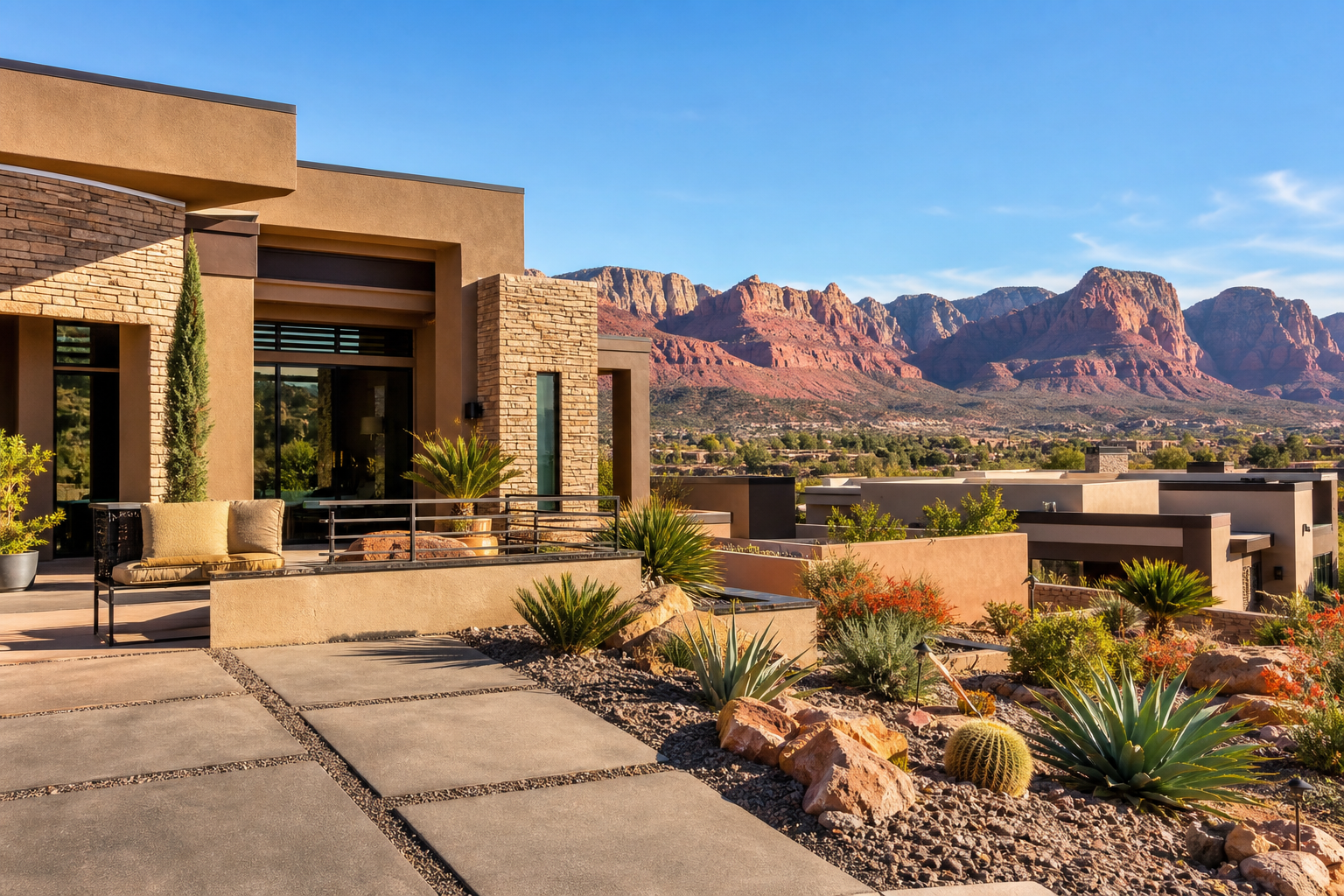 Modern home exterior with dramatic red-rock mountain views in St. George, Utah under a bright blue sky.