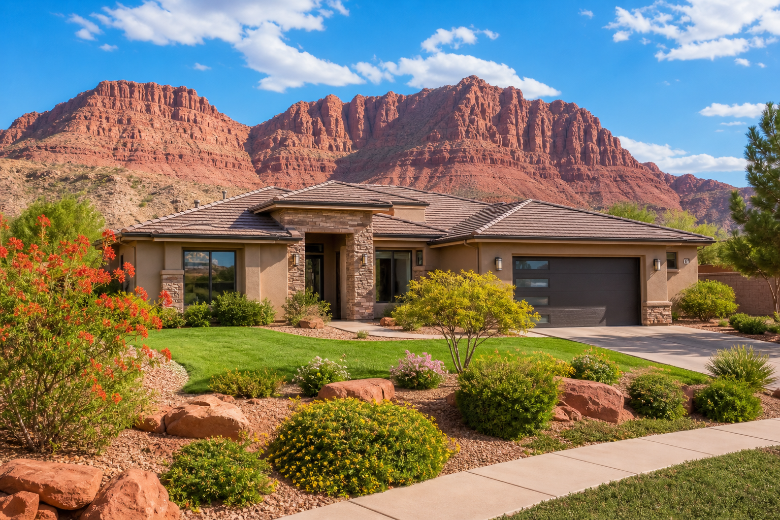 Vecindario residencial en St. George, Utah, con un telón de fondo de rocas rojas bajo un cielo azul brillante