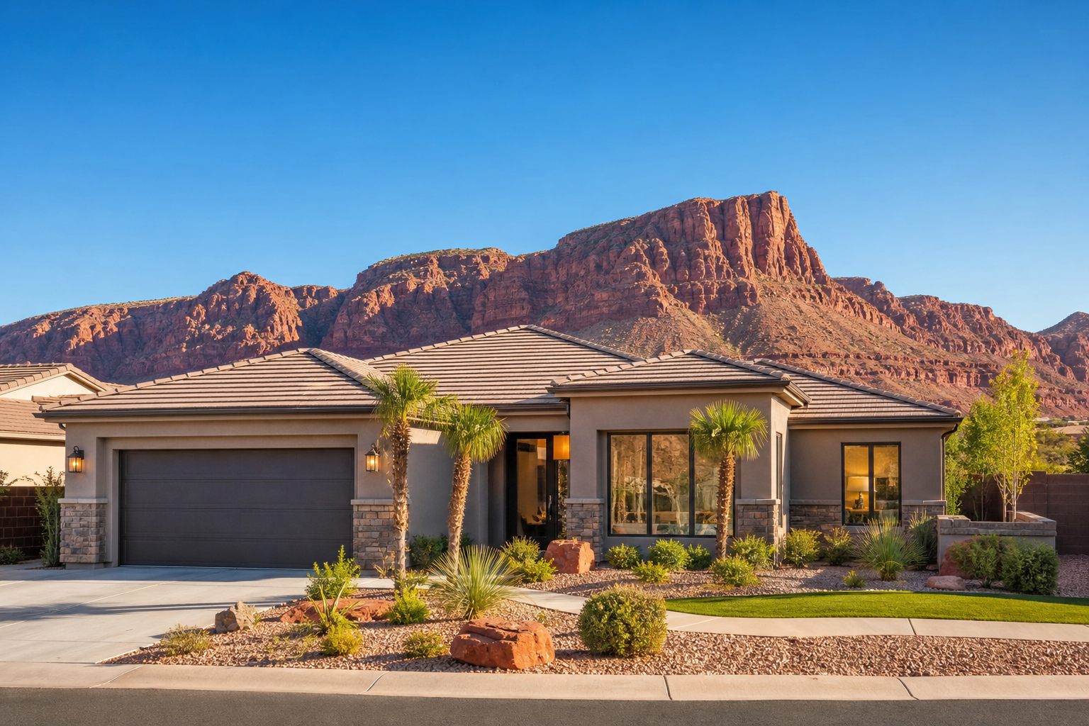 Casa moderna y luminosa en St. George, Utah, con un fondo de montañas de roca roja