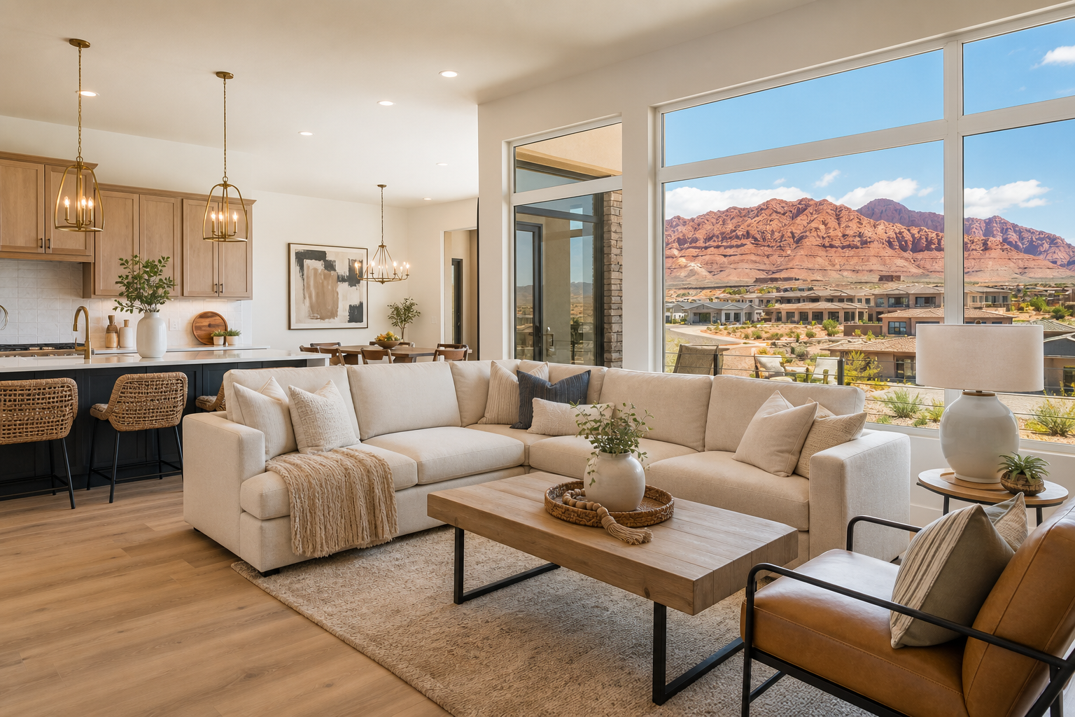 Una sala de estar luminosa y bellamente decorada con grandes ventanas que ofrecen vistas a las rocas rojas en St. George, Utah